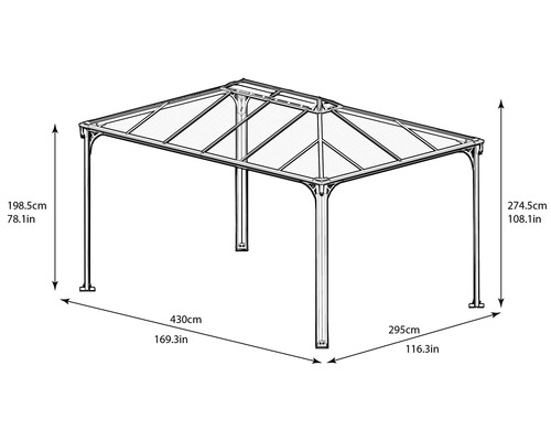 Obrázok altánku s rozmermi 430 x 295 centimetrov a výškou 274,5 centimetrov