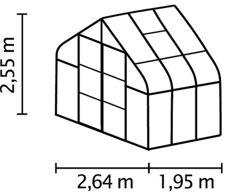 Náčrt skleníka s rozmermi: 2,55 metra výška, 2,64 metra a 1,95 metra šírka