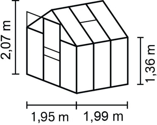 Rozmery skleníka: 1,95 metra krát 1,99 metra krát 2,07 metra