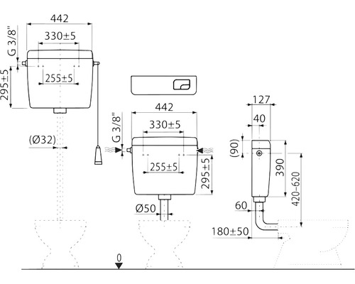 Technický nákres splachovacej nádrže s rozmermi