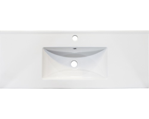 Pohľad zhora na keramické umývadlo s otvorom pre kohútik a prepadom