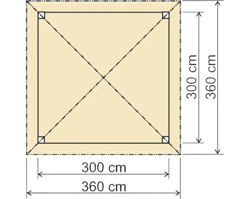Štvorcová plachta s uhlopriečkami a rozmermi 300 cm a 360 cm.