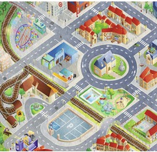 Ilustrácia mesta s budovami, ulicami, železnicou a zábavným parkom