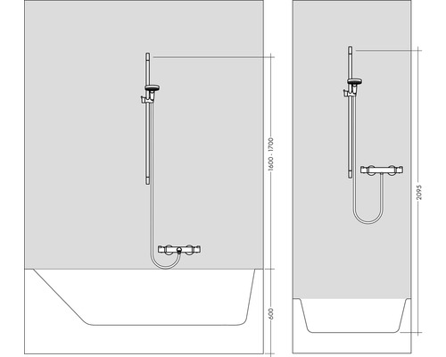 Technický výkres vane s sprchovou batériou a rozmermi