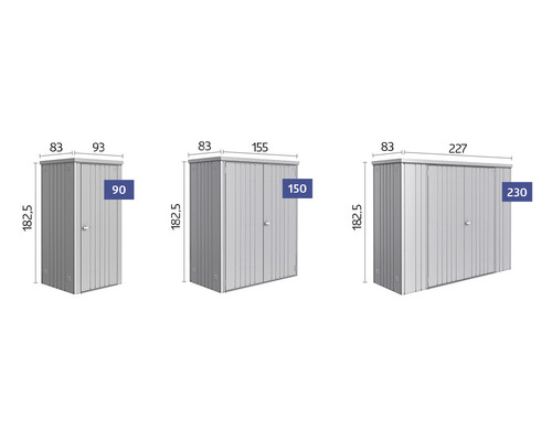 Obrázok rôznych záhradných skríň so šírkou 90, 150 a 230 centimetrov