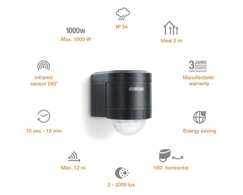 Pohybový senzor Steinel s maximálnym výkonom 1000 W, krytie IP54, infračervený senzor 240 stupňov, nastaviteľný od 10 sekúnd do 15 minút a maximálny dosah 12 metrov. Záruka výrobcu.