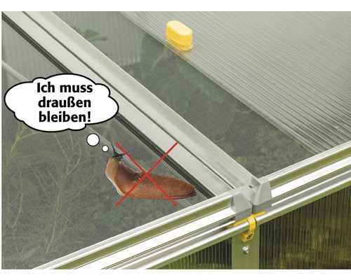 Detailný záber skleníka s prečiarknutým slizniakom a bublinou s textom Musím zostať vonku!