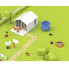 Ilustrácia záhrady s robotickými kosačkami, domom, trampolínou a bazénom