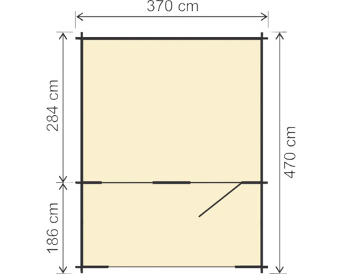 Nákres pôdorysu s rozmermi: šírka 370 cm, hĺbka 470 cm, výška 284 cm a výška 186 cm po líniu strechy.