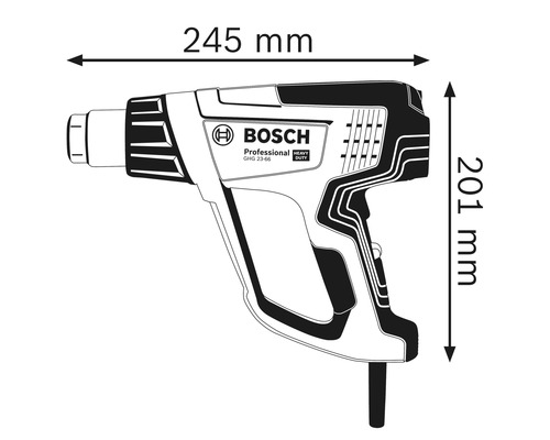 Teplovzdušná pištoľ Bosch, rozmery 245 mm na šírku a 201 mm na výšku
