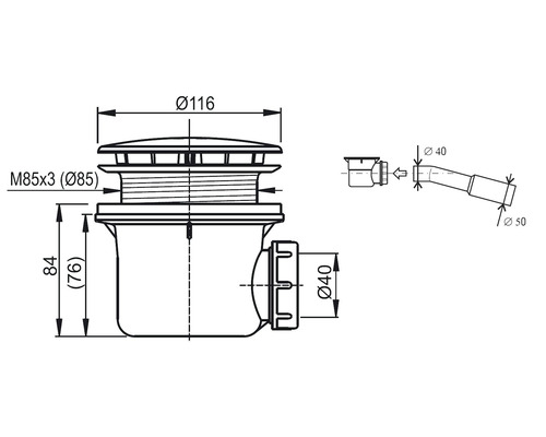 Technický nákres odtokovej súpravy s rozmermi priemer 116 mm, M85x3 (priemer 85), 84 (76) mm a priemer 40 mm