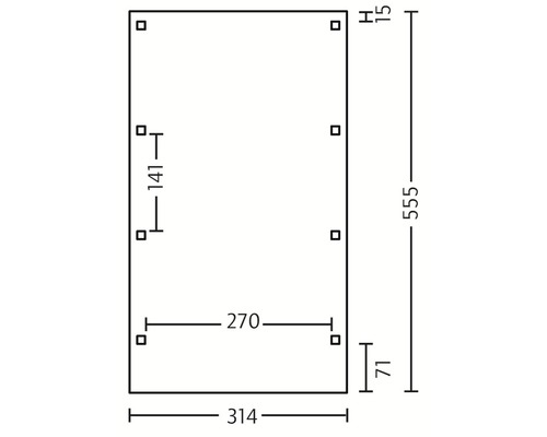 Technický nákres s rozmermi dosky: výška 555 mm, šírka 314 mm