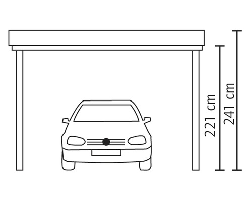 Ilustrácia prístrešku pre auto s výškovými údajmi 221 centimetrov a 241 centimetrov