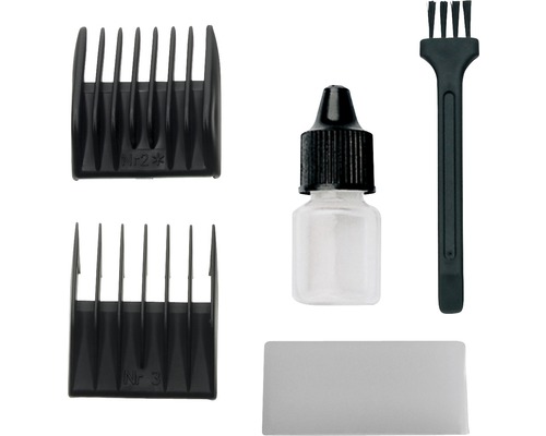 Príslušenstvo pre strojčeky na vlasy, vrátane dvoch nadstavcov, čistiacej kefky, fľaštičky s olejom a čistiacej kefky.