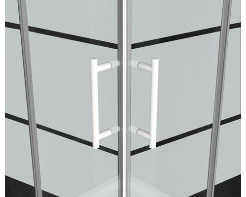 Detailný pohľad na sprchovací kút s kľučkami a priehľadným sklom