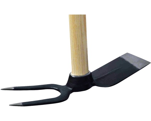 Dvojitá motyka s drevenou násadou pre záhradné práce