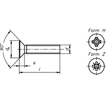 Technický nákres zápustnej skrutky s tvarom H a tvarom Z