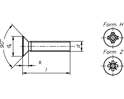 Technický nákres zápustnej skrutky s tvarom H a tvarom Z