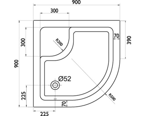Technický nákres sprchovej vaničky s rozmermi.