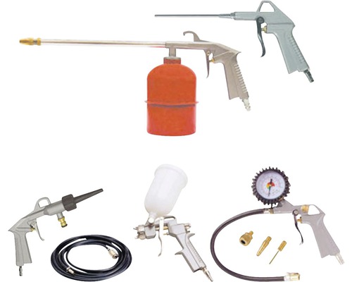 Sada rôznych vzduchových pištolí a príslušenstva