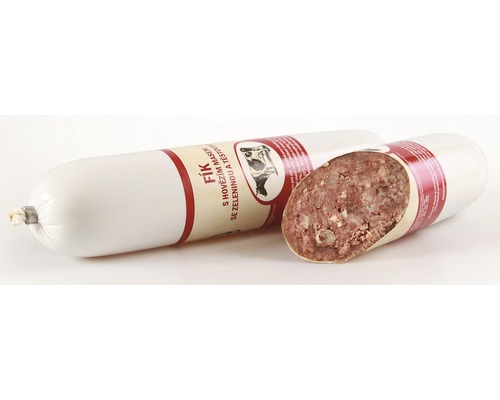 Obrázok nevarenej klobásy v obale a nakrájanej na plátky