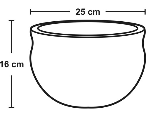Nákres kvetináča s rozmermi 25 cm šírky a 16 cm výšky.