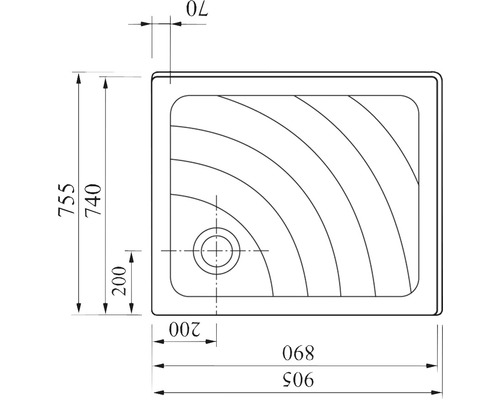Technický nákres sprchovej vaničky s rozmermi