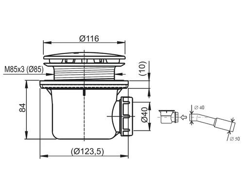 Technický nákres sifónu s rozmermi