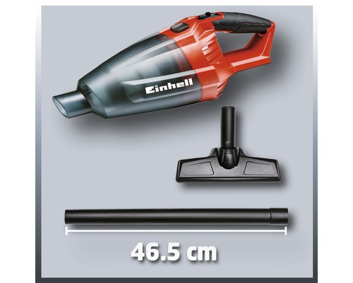Logo Einhell, akumulátorový ručný vysávač s nadstavcami trysiek a rúrkou s dĺžkou 46,5 cm.