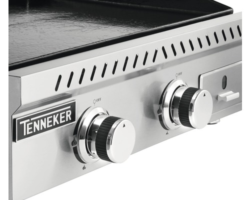Detailný pohľad na plynový gril Tenneker s dvoma ovládacími gombíkmi
