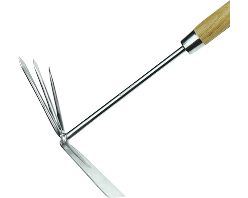 Záhradný kultivátor s drevenou rukoväťou a oceľovými hrotmi