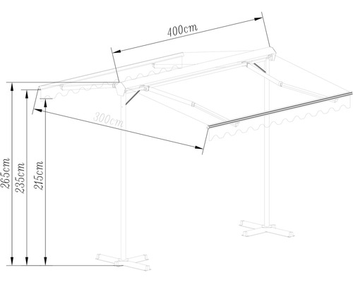 Technický nákres markízy s rozmermi 400 x 300 centimetrov a výškou 215 až 265 centimetrov.