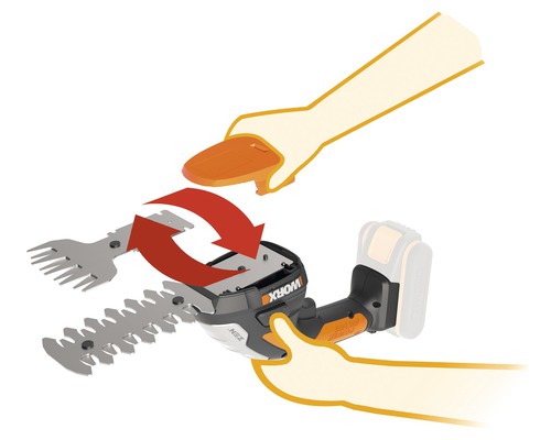 Ilustrácia akumulátorových nožníc na trávu s vymeniteľnými nožmi