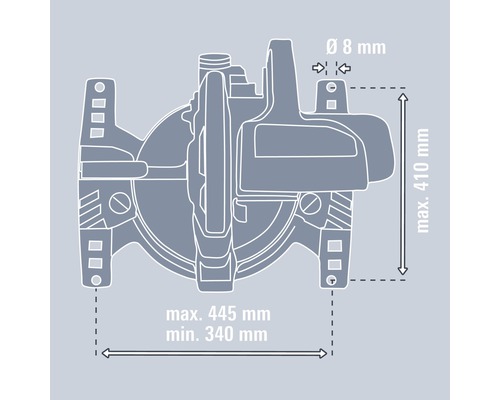 Obrázok rozmerov čerpadla s maximálnou šírkou 445 milimetrov, minimálnou šírkou 340 milimetrov, maximálnou výškou 410 milimetrov a priemerom 8 milimetrov