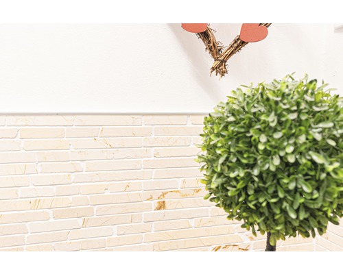 Obkladové dlaždice so vzhľadom kameňa a umelý buxus v tvare gule ako dekorácia