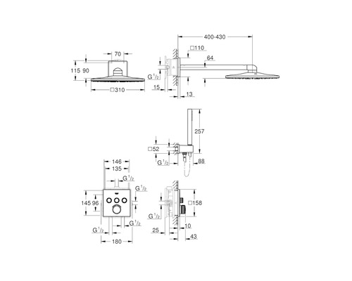 Technický nákres sprchovej armatúry s rozmermi.