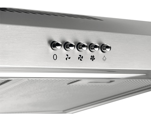 Detailný záber digestora s ovládacími prvkami na reguláciu rýchlosti ventilátora a osvetlenia.