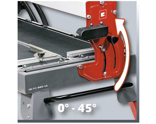 Detailný pohľad na rezačku dlaždíc s nastavením uhla od 0 stupňov do 45 stupňov
