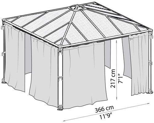 Ilustrácia záhradného altánku s rozmermi 366 cm x 217 cm.