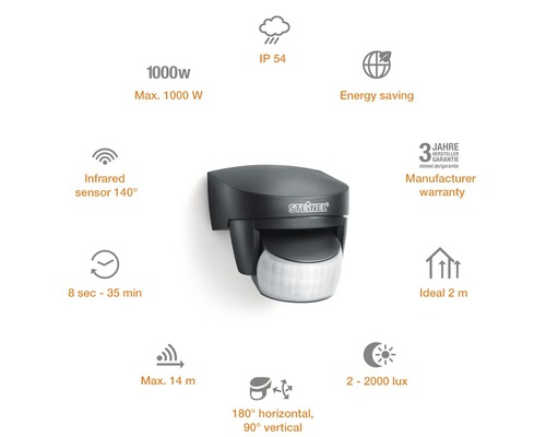 Pohybový senzor Steinel s infračerveným senzorom, uhol záberu 140 stupňov, stupeň krytia IP 54