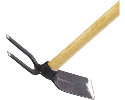 Záhradná motyka s drevenou rukoväťou a dvoma hrotmi