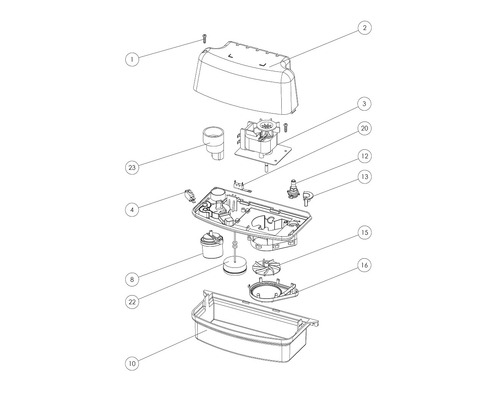 Rozkreslený nákres zariadenia s rôznymi dielmi a zostavami