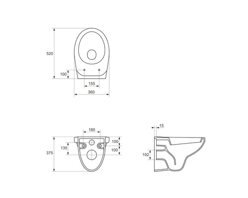 Technický nákres závesného WC s rozmermi