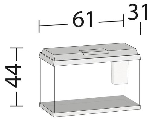 Akvárium s rozmermi: výška 44 cm, dĺžka 61 cm, šírka 31 cm