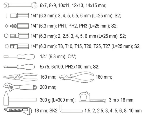 Obrázok nástrojov s uvedením rozmerov