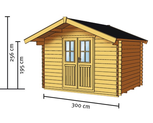 Ilustrácia záhradného domčeka so šírkou 300 cm a výškou 256 cm.