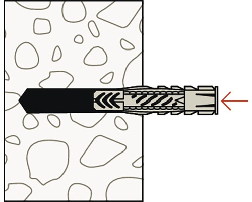 Ilustrácia upevnenia hmoždinky do betónovej steny.