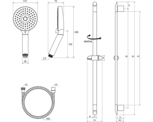 Technický nákres sprchovej súpravy s ručnou sprchou, sprchovou hadicou a sprchovou tyčou s rozmermi