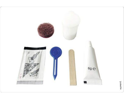 Opravná súprava s brúsnou netkanou textíliou, téglikom, čistiacou utierkou, špachtľou, miešadlom a tubou s obsahom 6 gramov