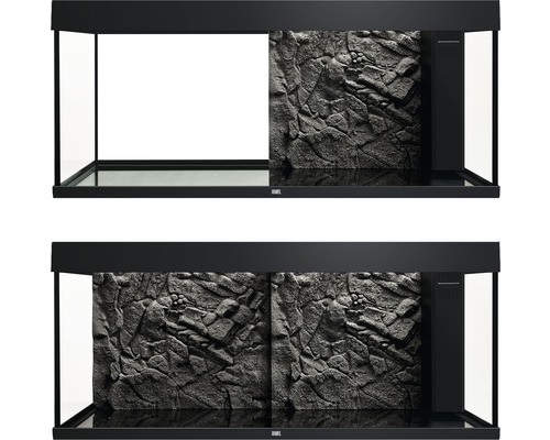 Dve akváriá s pozadím skalnej steny